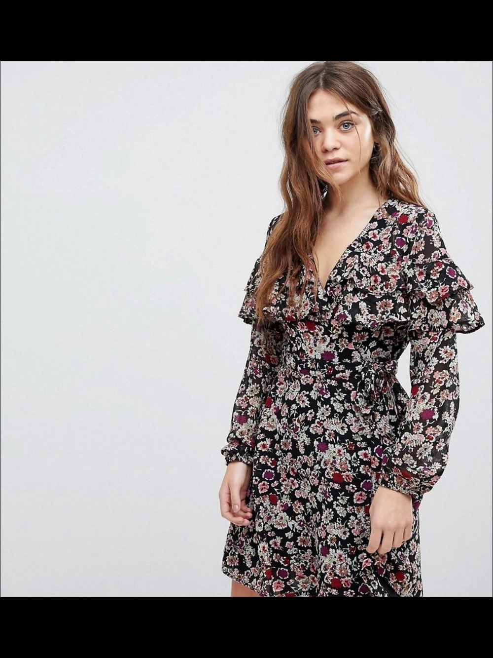 New Look Black Floral Long-Sleeve Dress With Ruffle Detail Shoulders